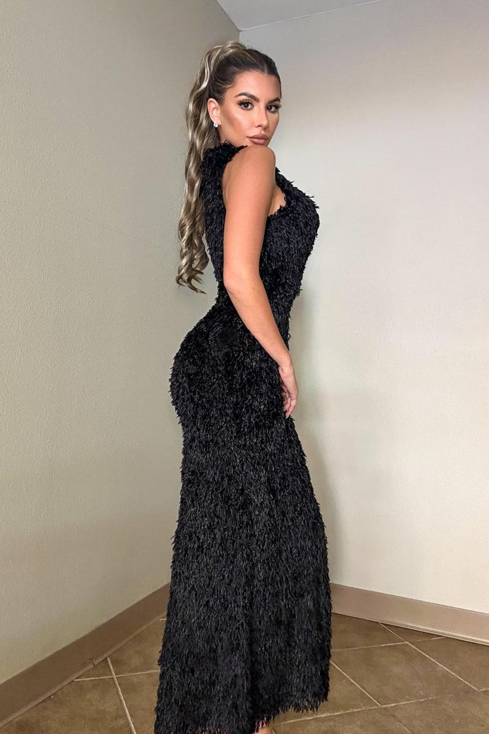 Textured Feather Knit Sleeveless Maxi Dress
