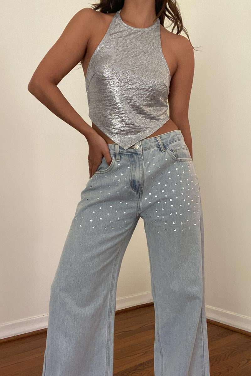 Rhinestone Low Rise Wide Leg Jeans