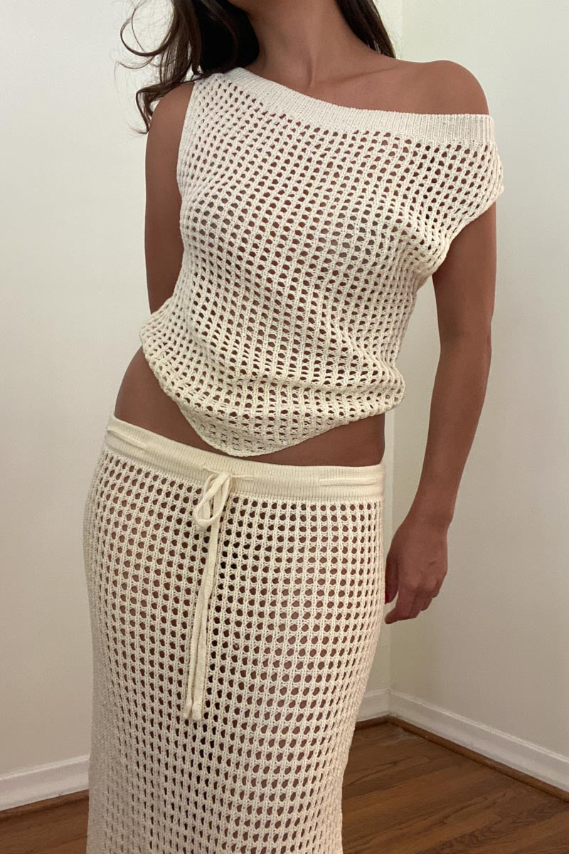 Crochet Knit Asymmetric Top Maxi Skirt Set