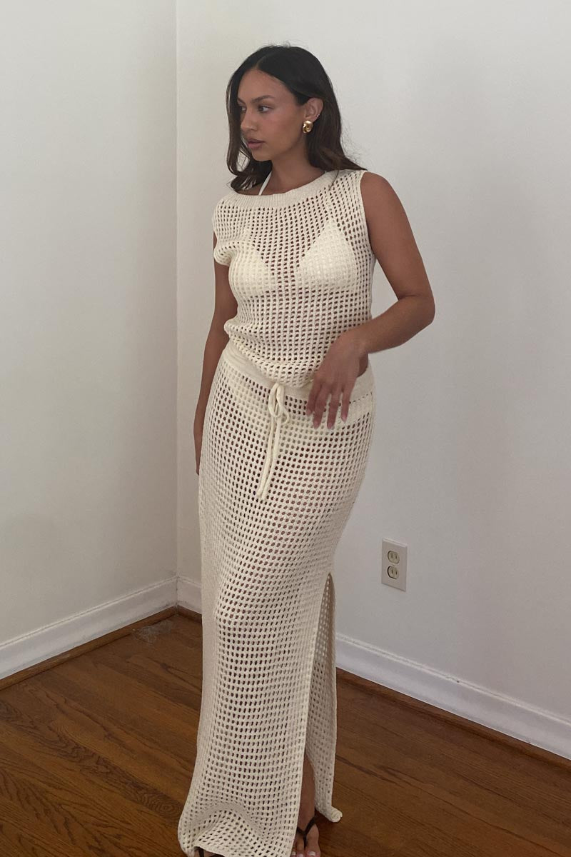 Crochet Knit Asymmetric Top and Maxi Skirt Sets