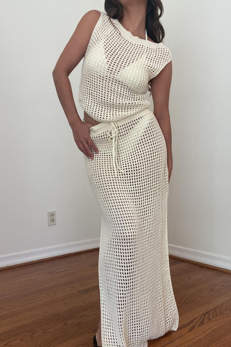 Crochet Knit Asymmetric Top Maxi Skirt Set