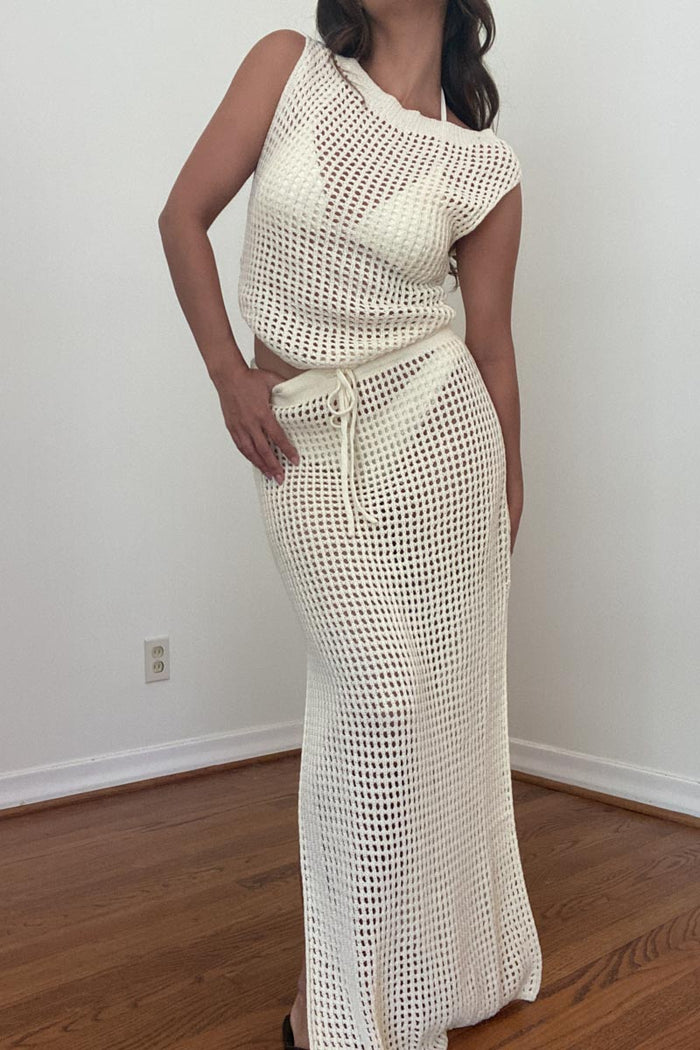 Crochet Knit Asymmetric Top Maxi Skirt Set