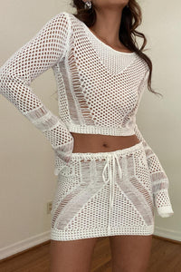 Crochet Long Sleeve Top and Mini Skirt Sets