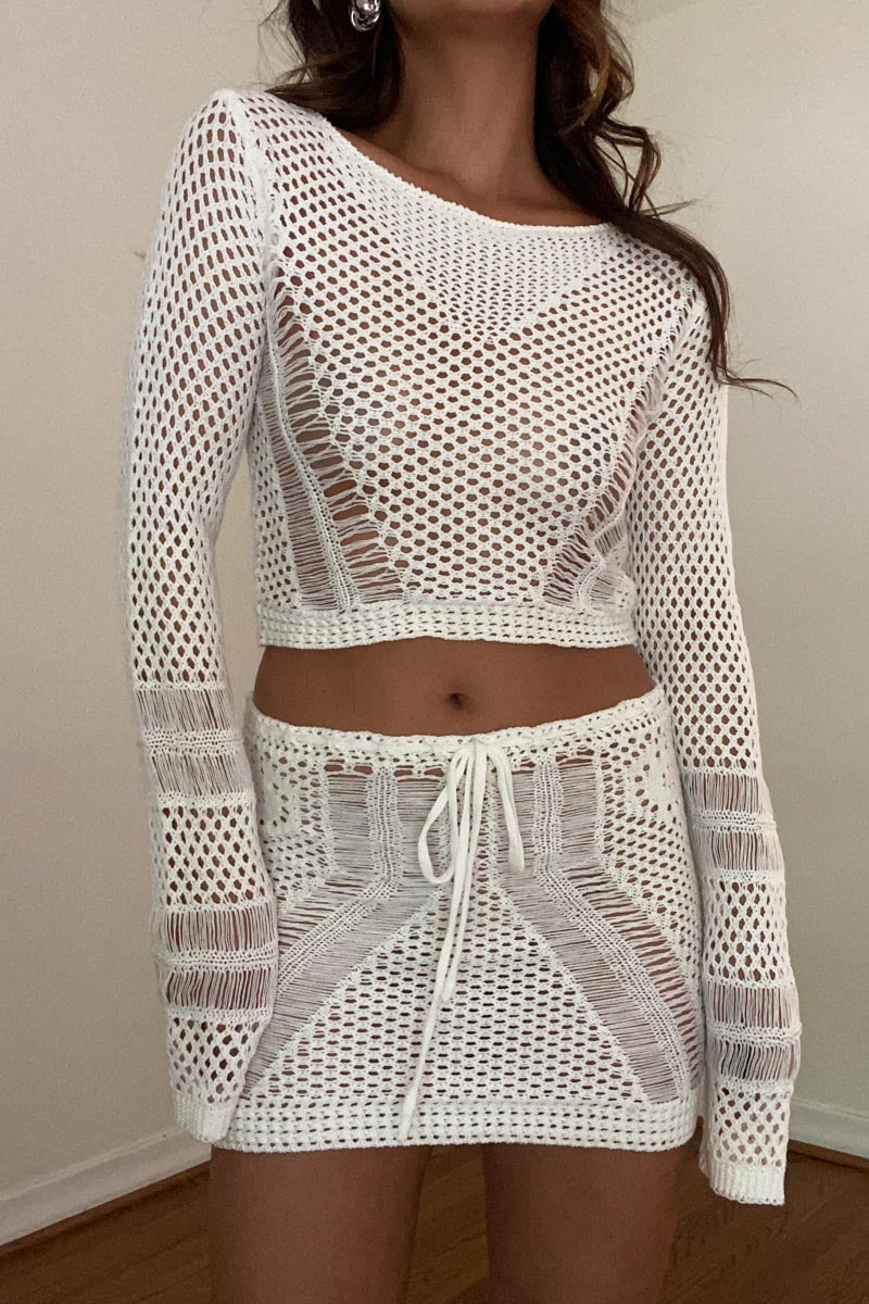 Crochet Long Sleeve Top and Mini Skirt Sets