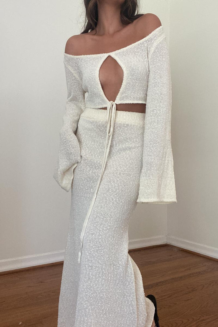 Textured Knit Tie-Up Top Maxi Skirt Set