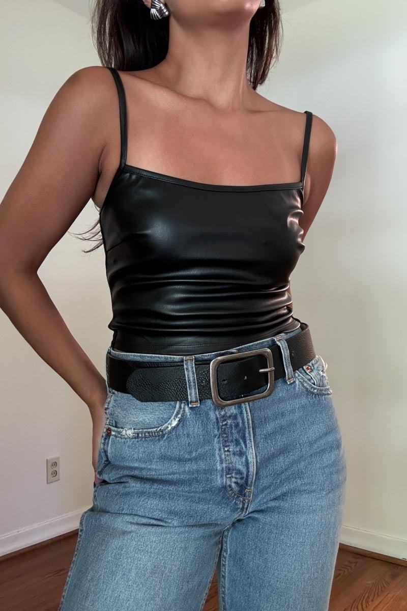 Faux Leather and Rib Basic Tank Top