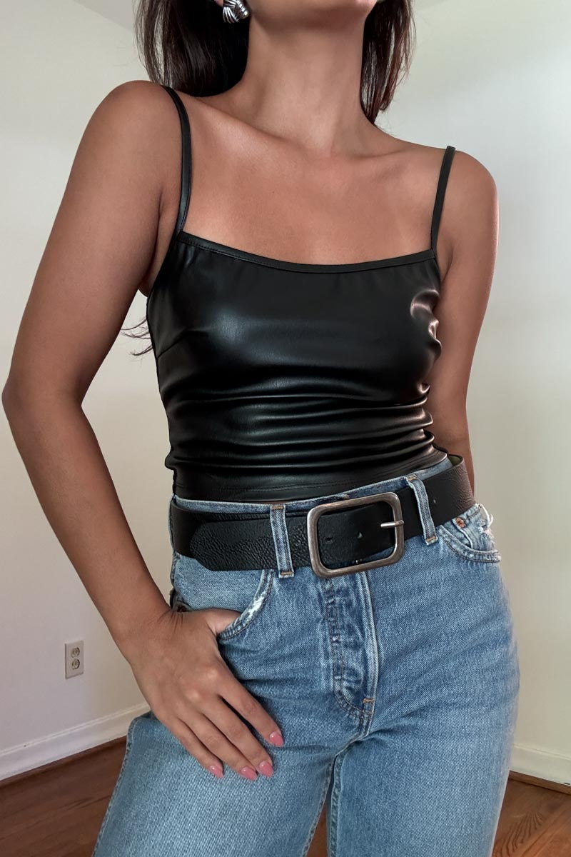 Faux Leather and Rib Basic Tank Top