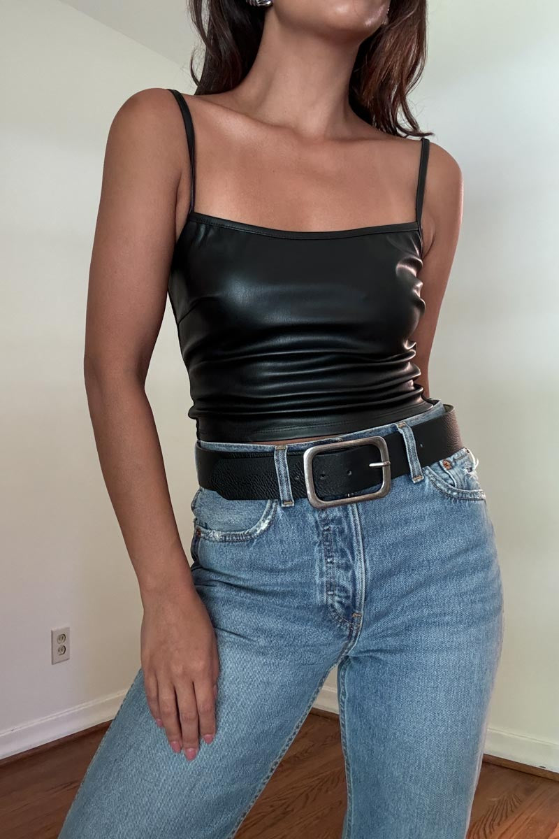 Faux Leather and Rib Basic Tank Top