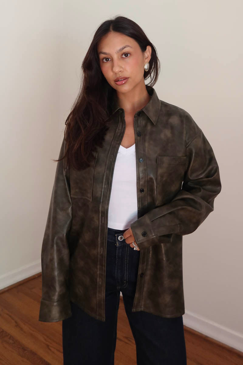 Faux Leather Oversized Shirt Jacket