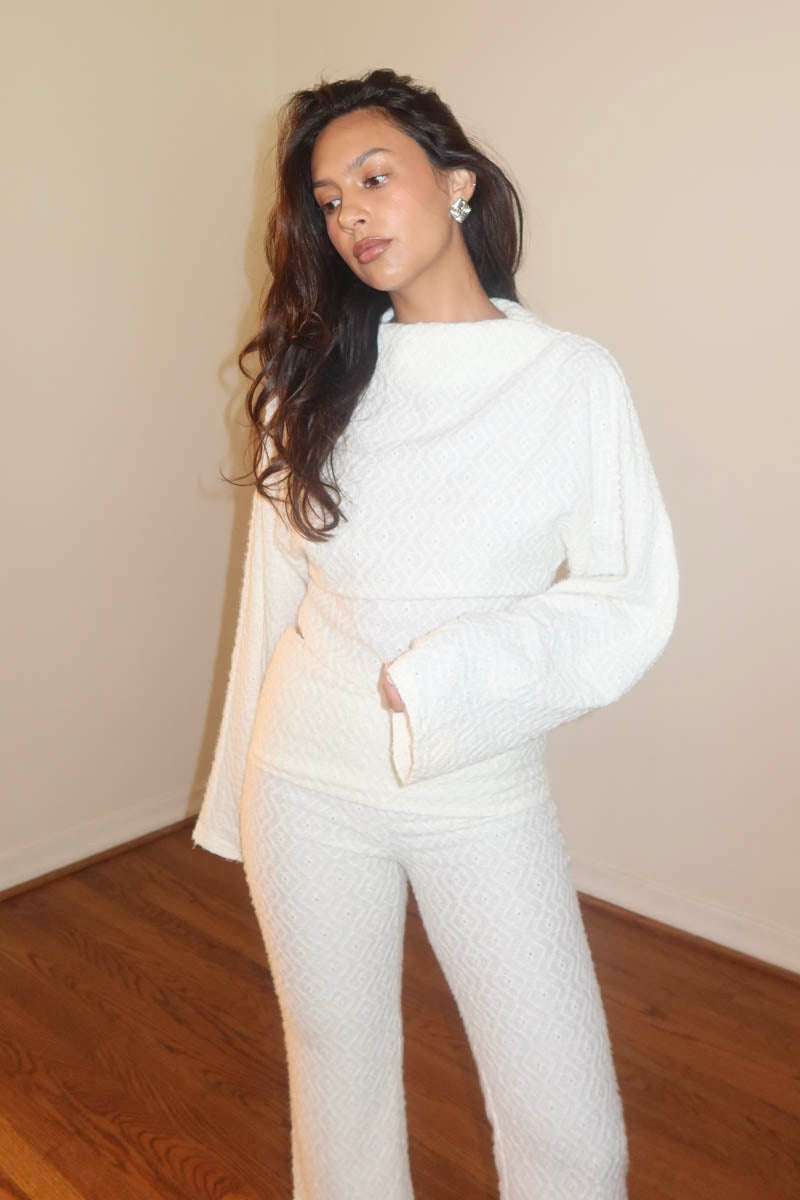 Fuzzy Knit Long Sleeve Top w/ Fold Over Pants Sets