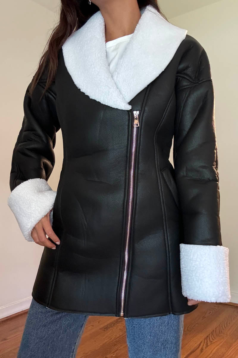 Contrast Borg Trim Fitted Faux Leather Coat Dress Black / Medium Contrast Borg Trim Fitted Faux Leather Coat Dress Black / Medium
