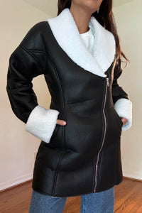 Contrast Borg Trim Fitted Faux Leather Coat Dress