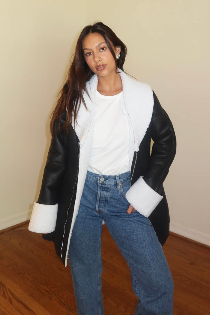 Contrast Borg Trim Faux Leather Coat Dress