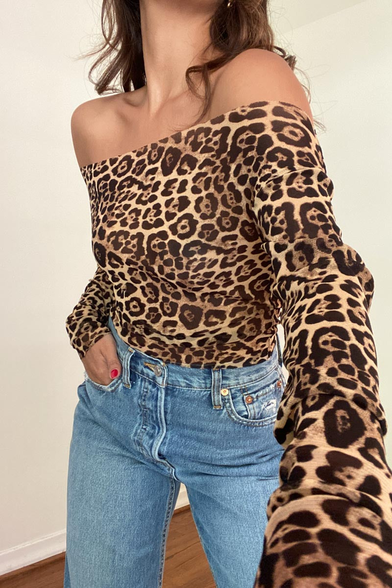 Leopard Mesh Off Shoulder Long Sleeve Top