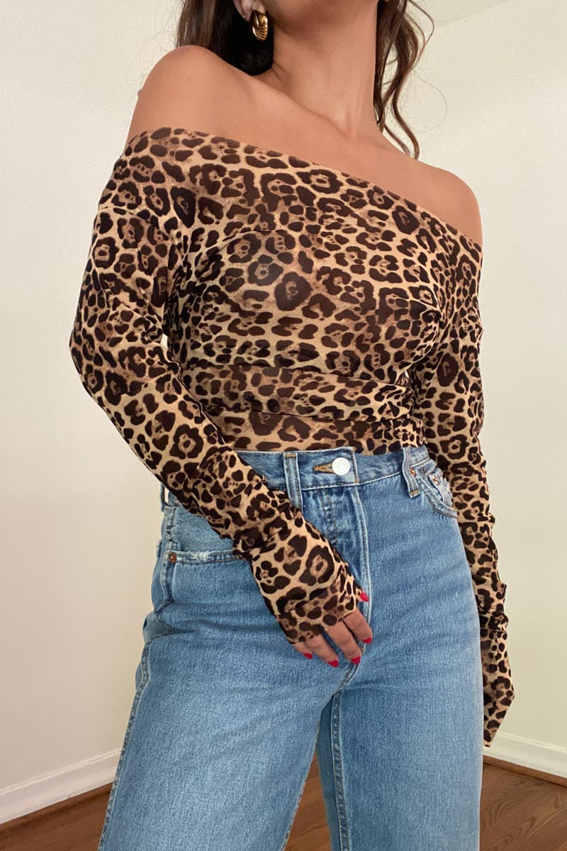 Leopard Mesh Off Shoulder Long Sleeve Top