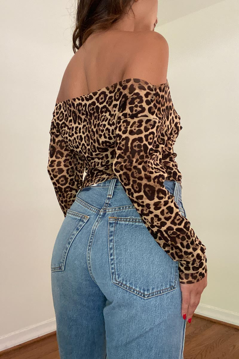 Leopard Mesh Off Shoulder Long Sleeve Top