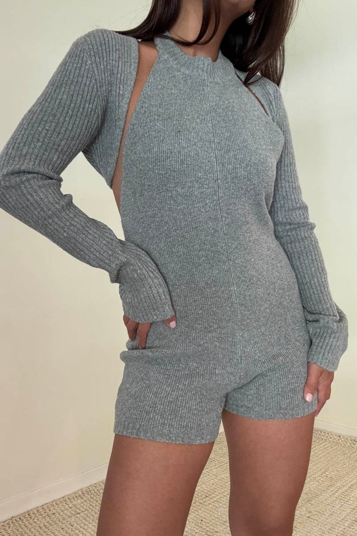 Knit Open Back Halter Romper With Bolero