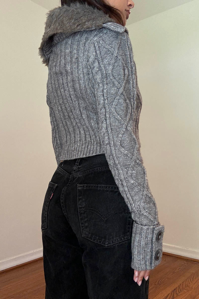 Faux Fur Collar Cable Knitted Sweater Top