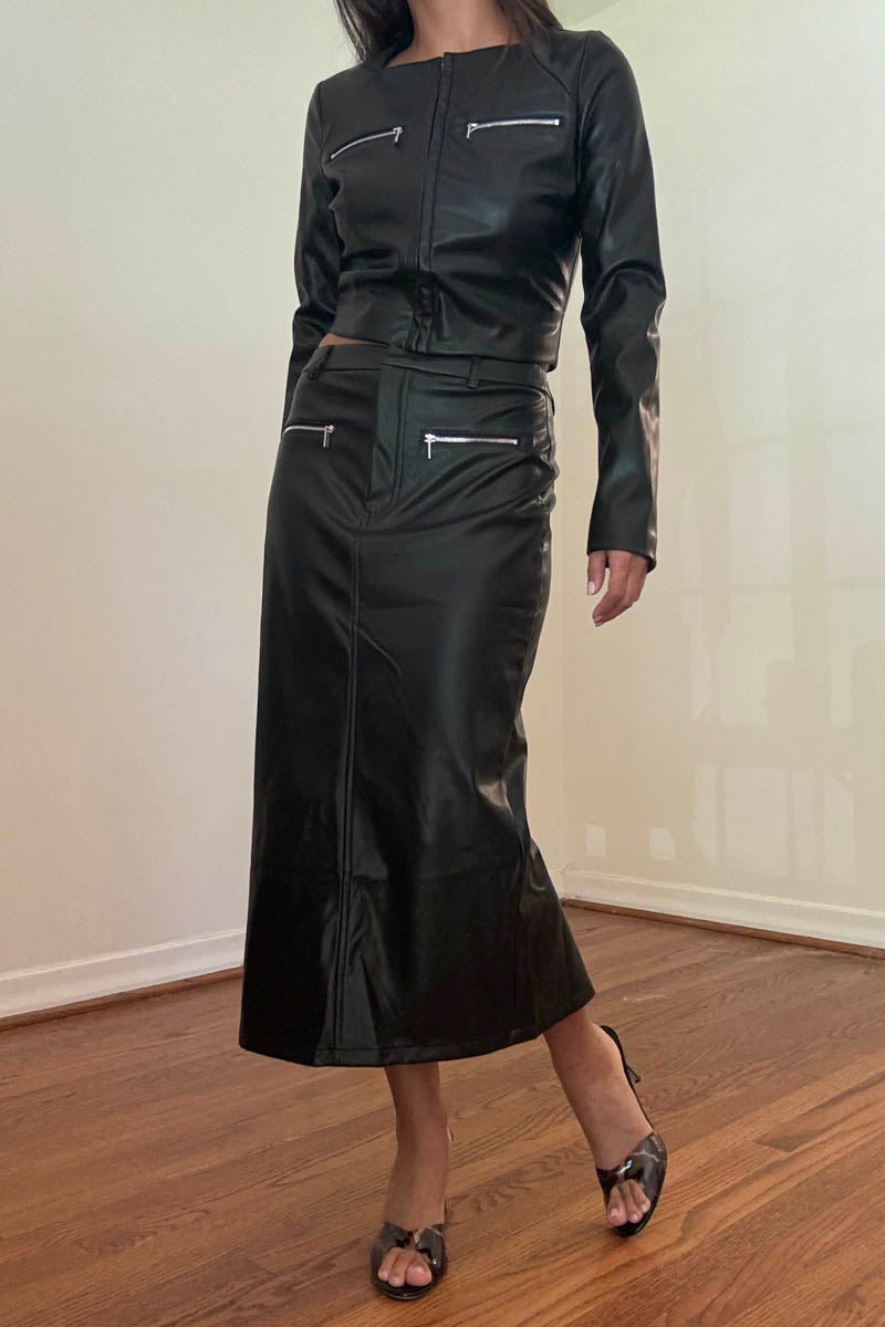 Faux Leather Zipper Detail Midi Skirt