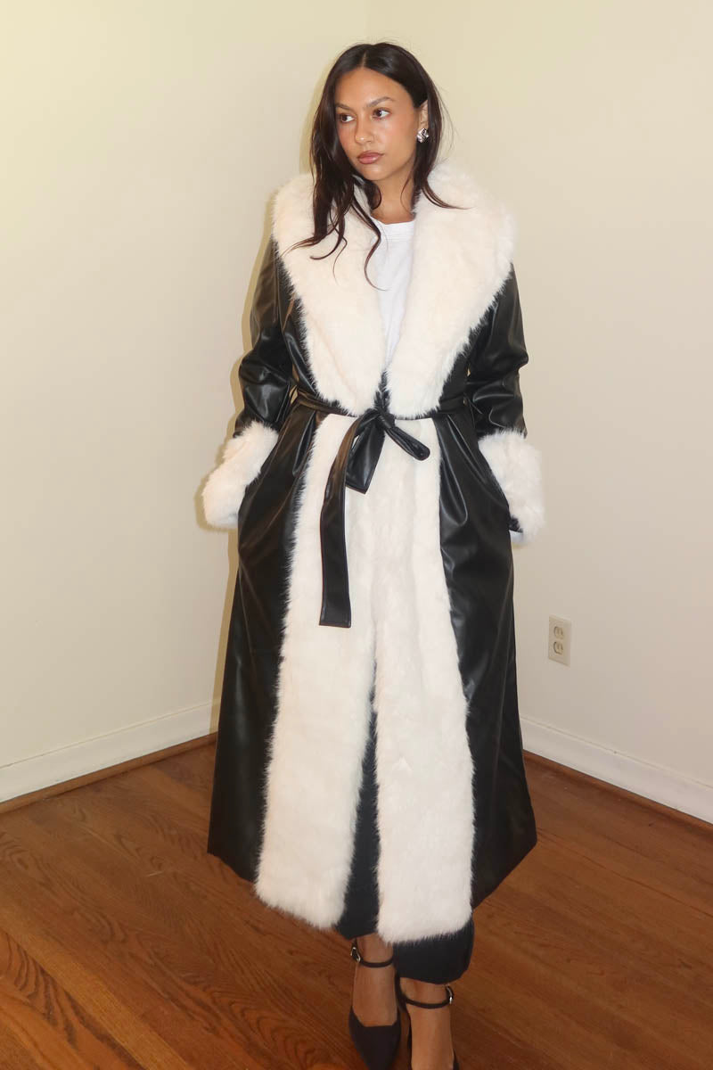 Faux Fur Trim Faux Leather Long Coat