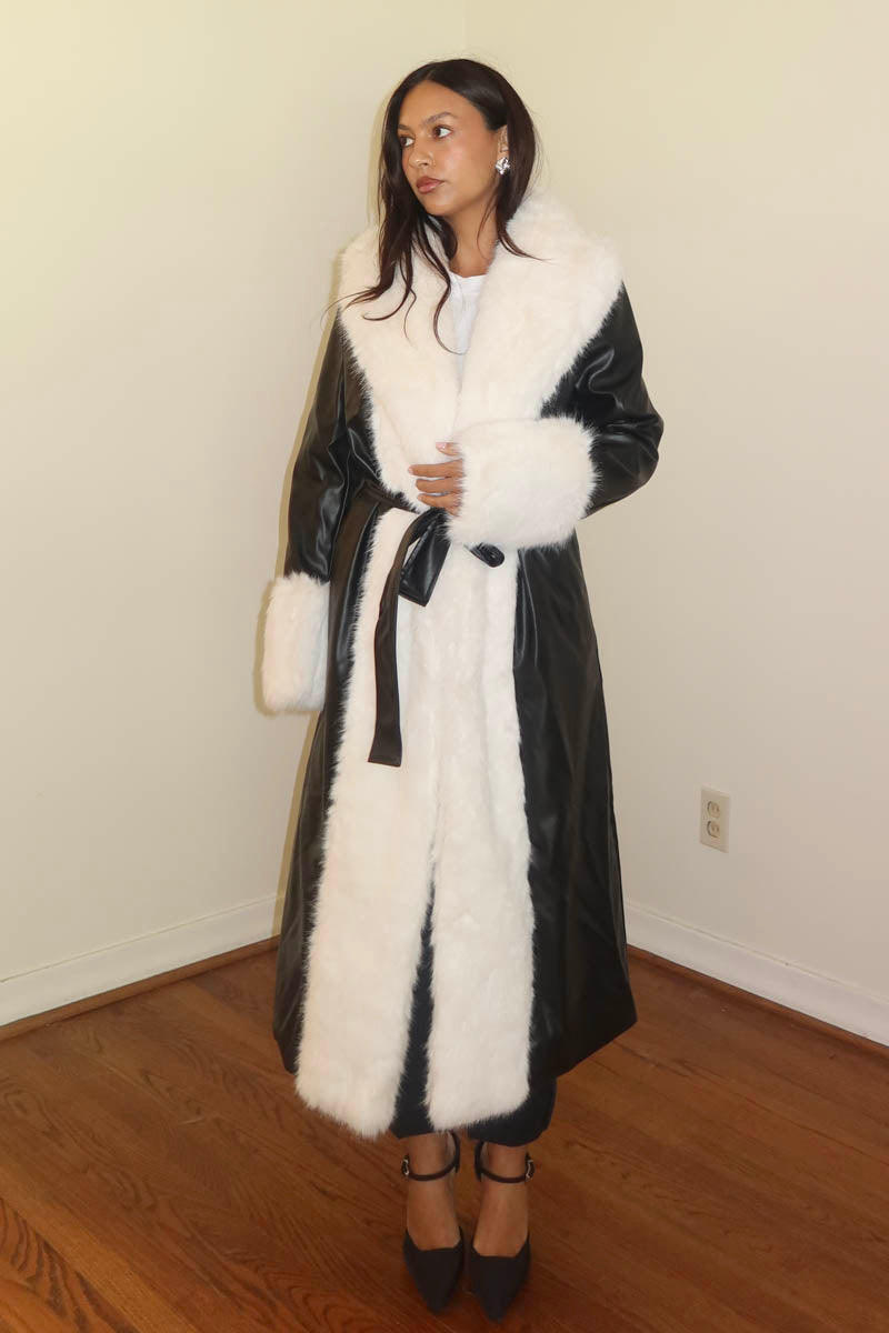 Faux Fur Trim Faux Leather Long Coat