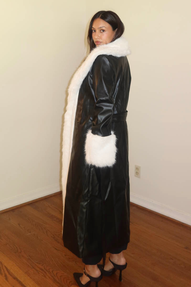 Faux Fur Trim Faux Leather Long Coat