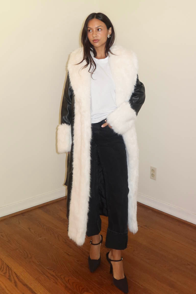 Faux Fur Trim Faux Leather Long Coat