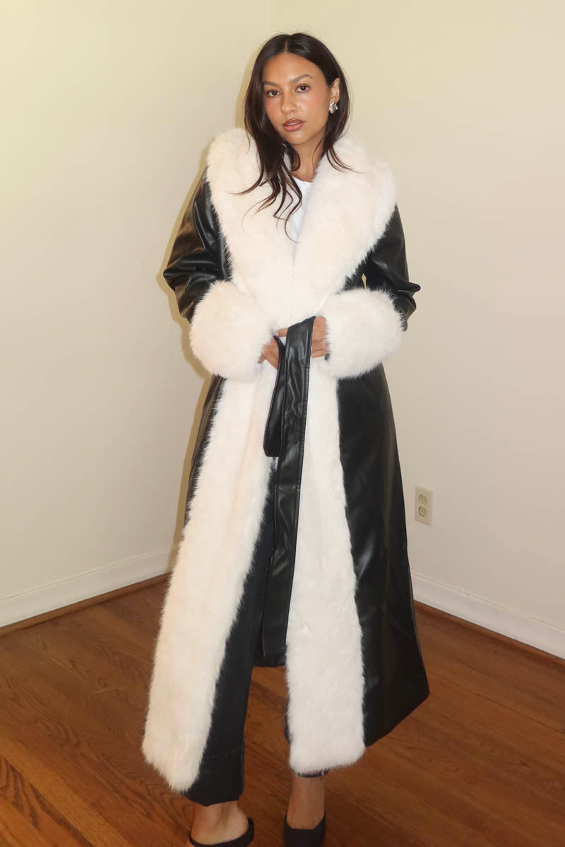 Faux Fur Trim Faux Leather Long Coat