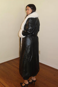 Faux Fur Trim Faux Leather Long Coat