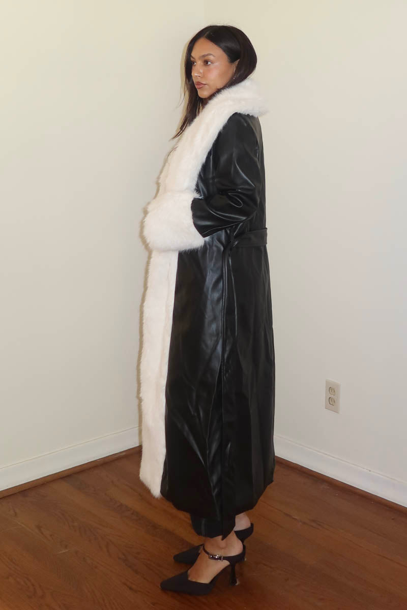 Faux Fur Trim Faux Leather Long Coat