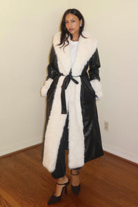 Faux Fur Trim Faux Leather Long Coat