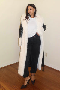 Faux Fur Trim Faux Leather Long Coat