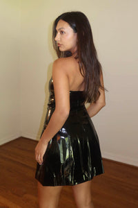 Faux Patent Leather Strapless Flare Mini Dress