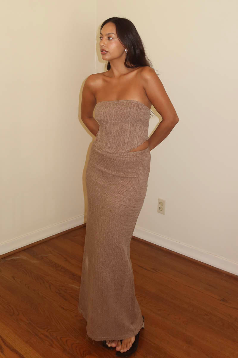 Boucle Knitted Corset Top Maxi Skirt Set | Two-Piece Dress Taupe / Medium Boucle Knitted Corset Top Maxi Skirt Set | Two-Piece Dress Taupe / Medium