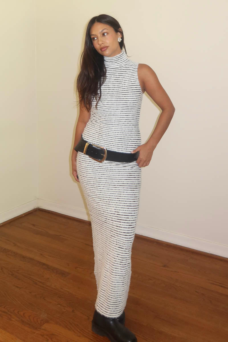 Fuzzy Stripe High Neck Maxi Dress