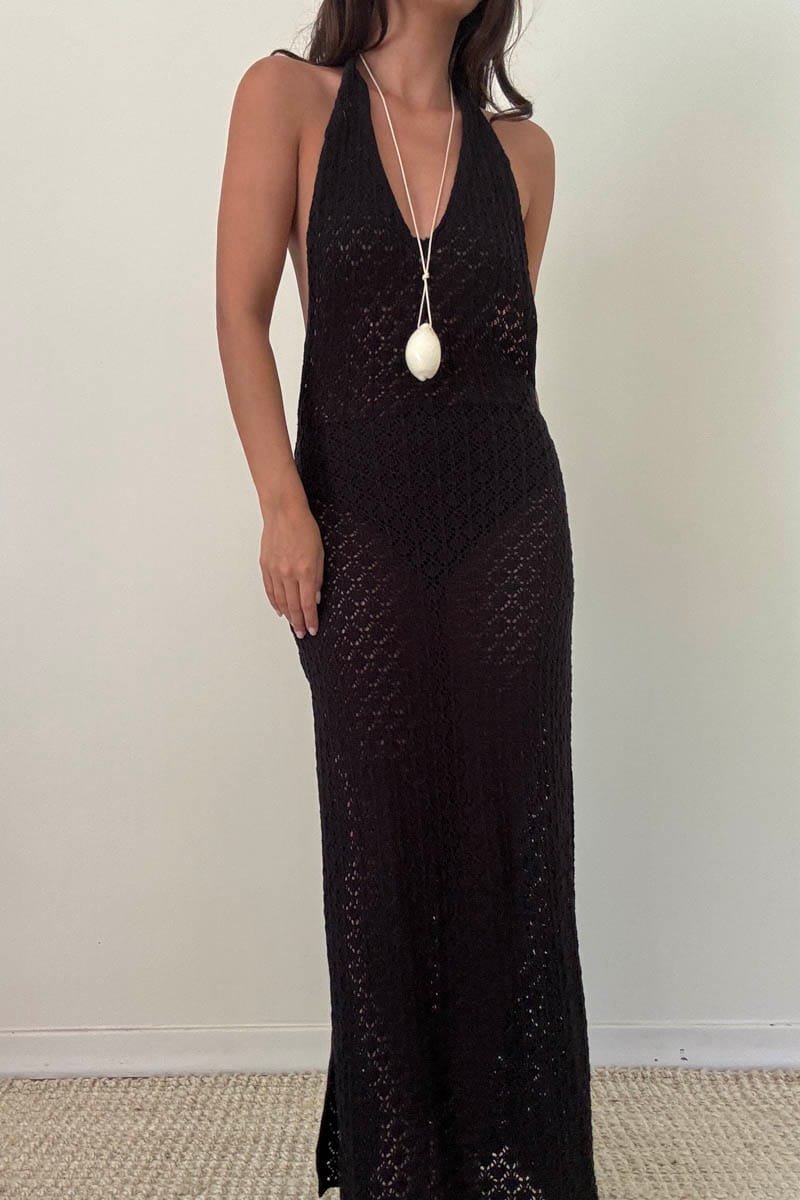Knit Halter Neck Backless Bodycon Maxi Dress