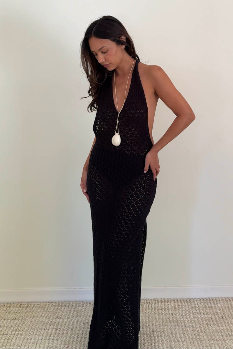 Knit Halter Neck Backless Bodycon Maxi Dress