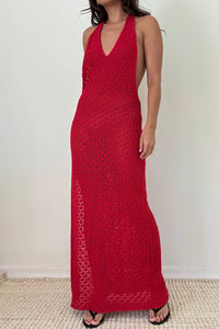 Knit Halter Neck Backless Bodycon Maxi Dress