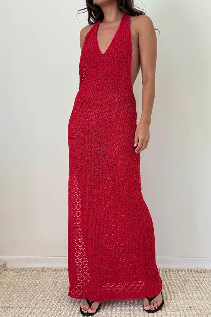 Knit Halter Neck Backless Bodycon Maxi Dress