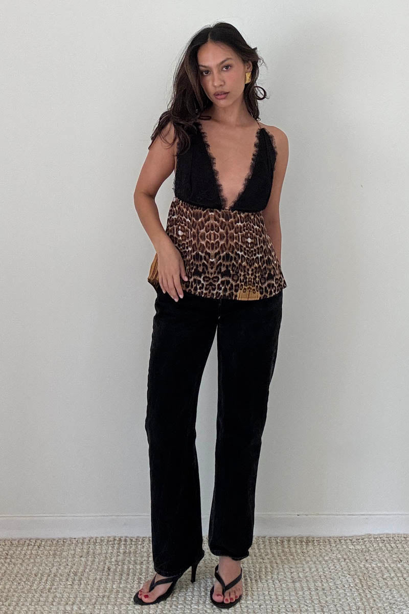 Lace Bust Leopard Print Cowl Top
