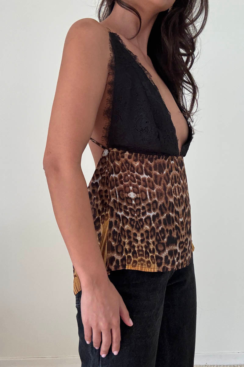Lace Bust Leopard Print Cowl Top
