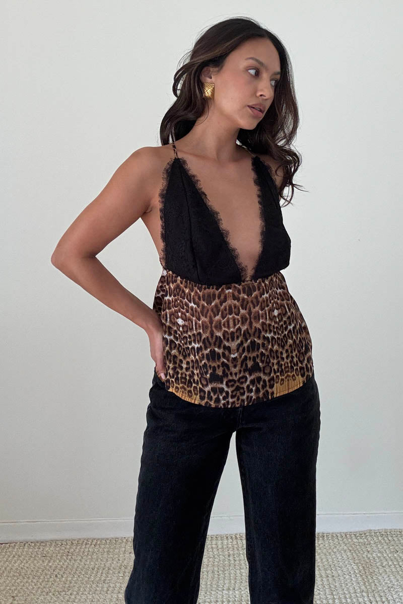 Lace Bust Leopard Print Cowl Top