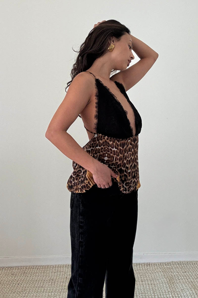 Lace Bust Leopard Print Cowl Top