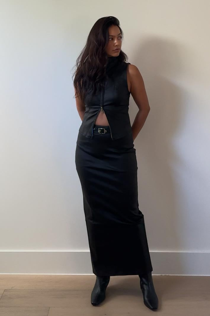 Wax Denim Zip-Front Top Maxi Skirt Set