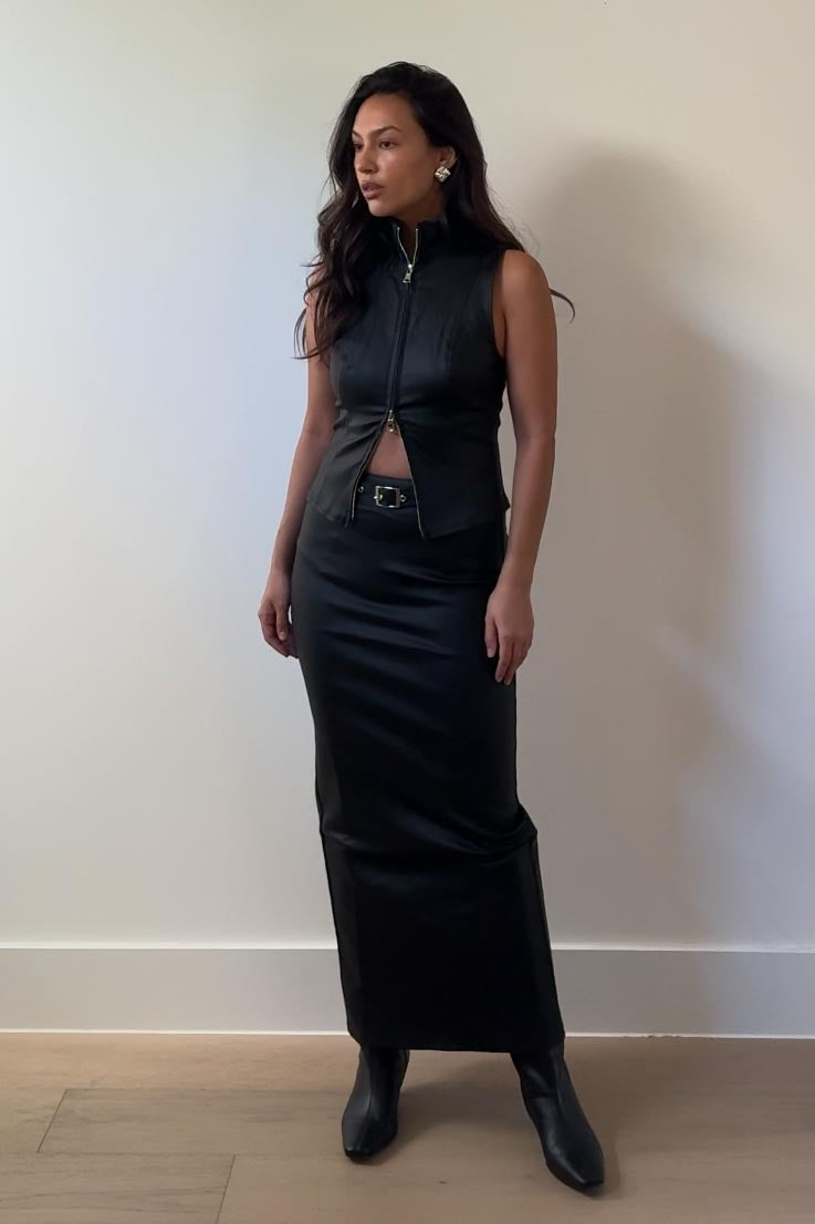 Wax Denim Zip-Front Top Maxi Skirt Set