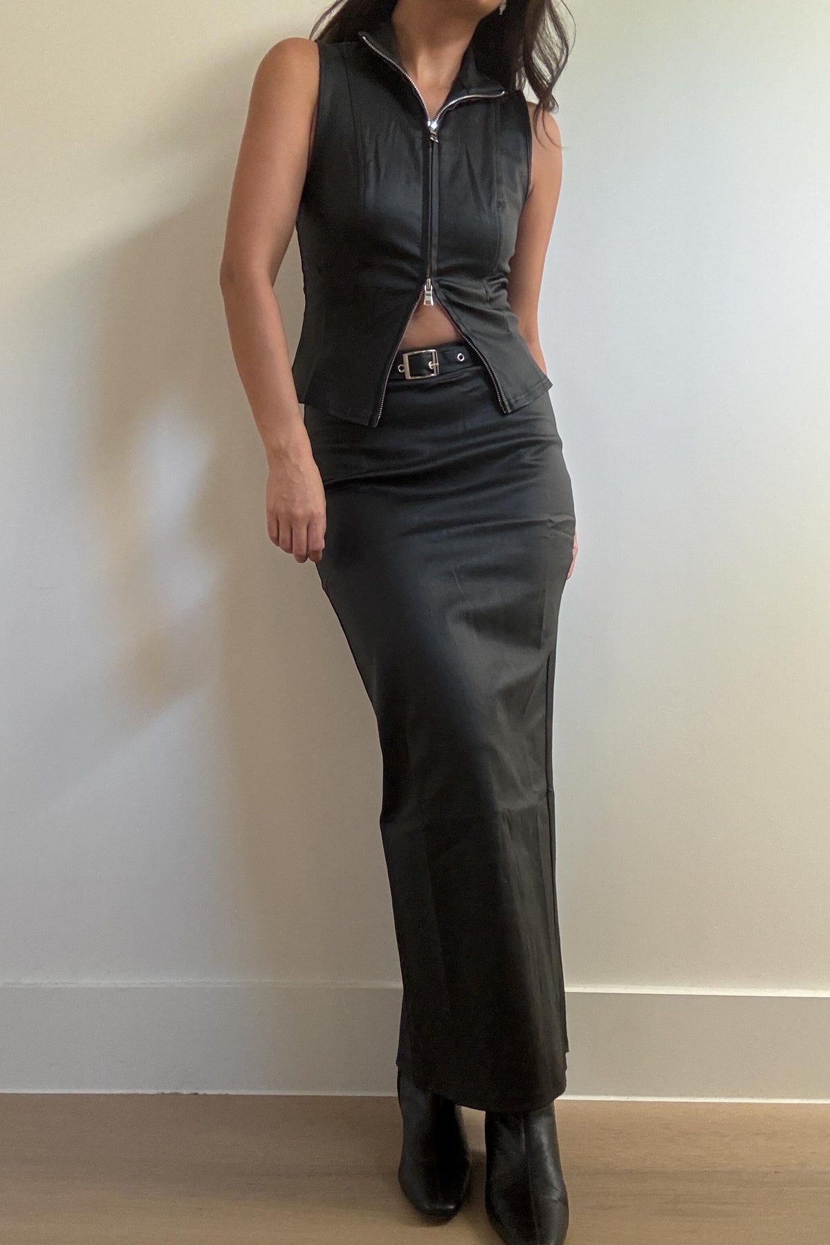 Wax Denim Zip-Front Top Maxi Skirt Set