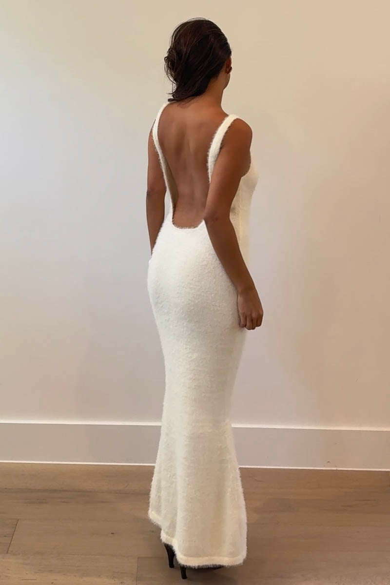 Fuzzy Knit Open Back Maxi Dress