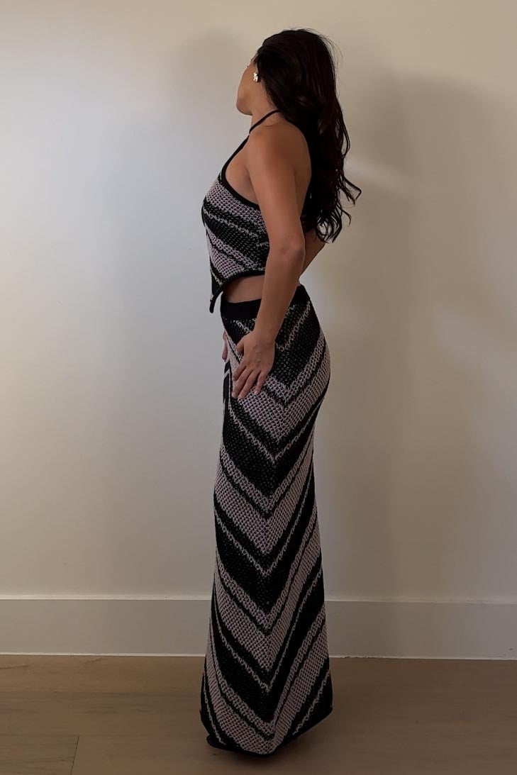 Crochet Knit Halter Top Maxi Skirt Set