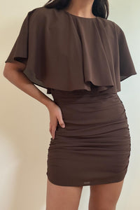 Chiffon Cape Neck Ruched Mini Dress