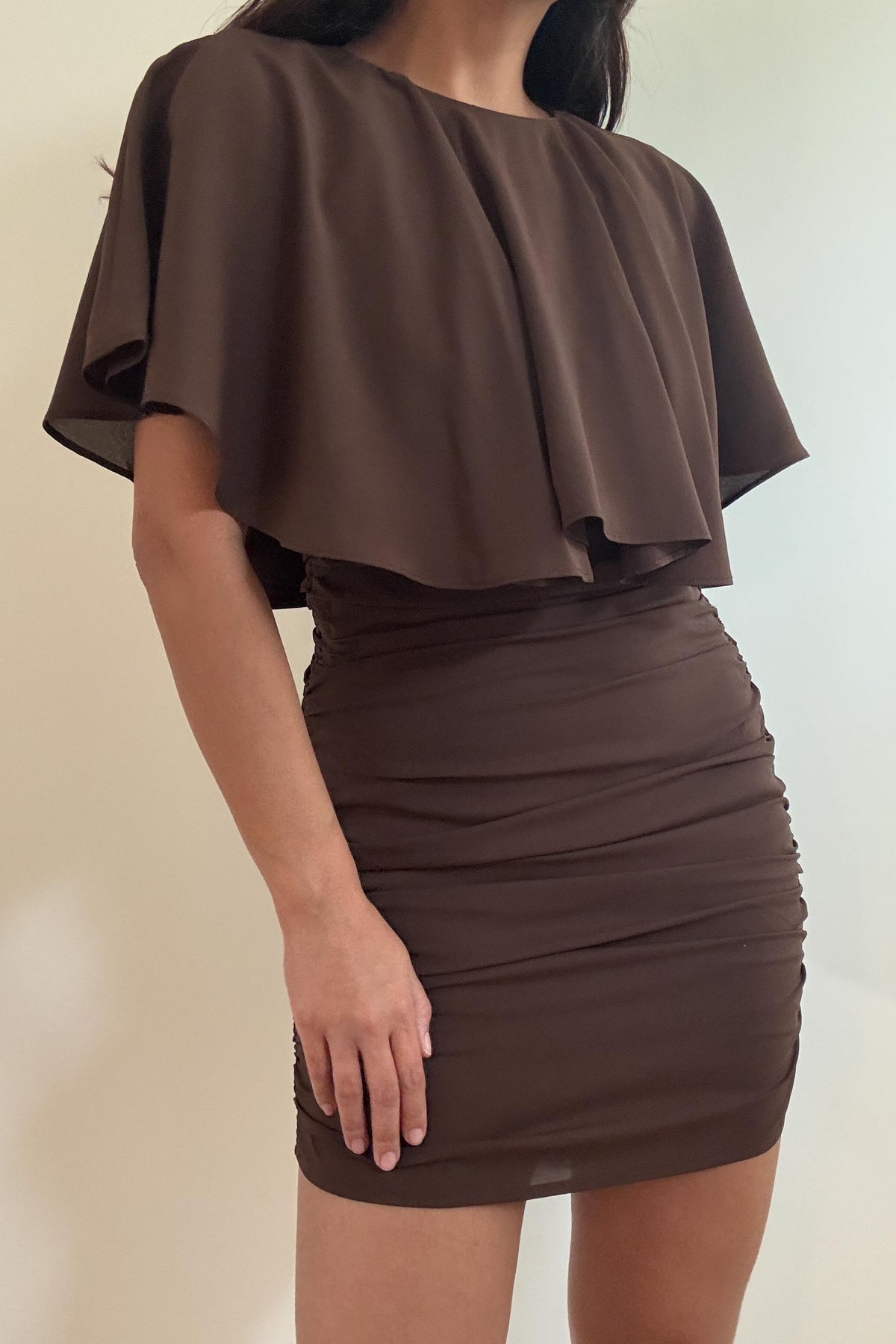 Chiffon Cape Neck Ruched Mini Dress